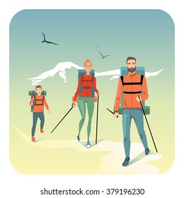 vector illustration of happy family hiking in mountains in cartoon style