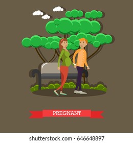 Vector illustration of happy family husband and his pregnant wife walking in the park holding hands. Pregnant woman future young mother flat style design element.