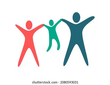 Vector illustration of a happy family icon, parents and children raising hands happily on white background.