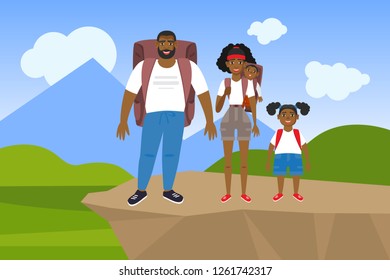 Vector illustration of a happy family with kids hiking. Flat style characters of active couple with children.