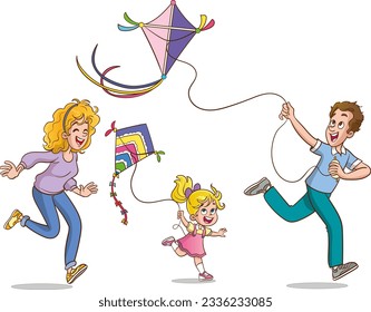 A vector illustration of a happy family with kids having fun with kite kite.family flying a kite vector
