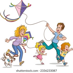 A vector illustration of a happy family with kids having fun with kite kite.family flying a kite vector