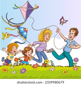 A vector illustration of a happy family with kids having fun with kite kite.family flying a kite vector