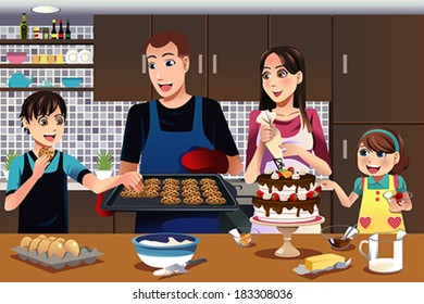 A vector illustration of happy family in the kitchen
