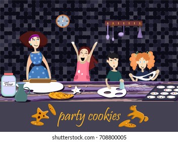 A vector illustration of happy family in the kitchen. Mother with children girls and boy are cooking holiday cookies with flour, water, pasrty. Drawing in cartoon style.
