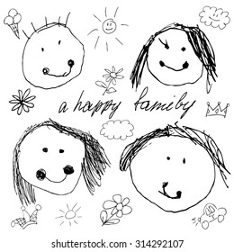 vector illustration of happy family looking up, doodle real child