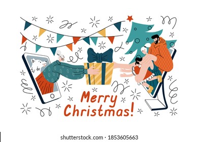 Vector illustration of happy family meeting with granny online to greet each other with Holidays, wish a Merry Christmas using phone and computer. Cheerful people celebrate New Year, exchange gifts.
