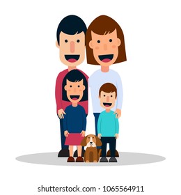 Vector illustration with happy family.  Mom, dad, son, daughter and dog