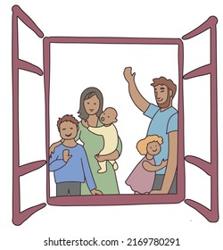 vector illustration of a happy family , mom dad with three kids , complete prosperous family vector