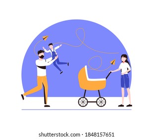 ilustración vectorial de una familia feliz, madre padre hija hijo agarrarse de la mano y abrazarse, completo vector familiar próspero