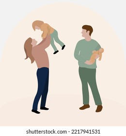 Vector illustration of a happy family, mother holding son, father with baby daughter, complete prosperous family. international family day - family with kids, health and wellness -modern flat concept