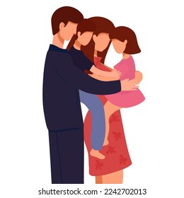 vector illustration of a happy family, mother father daughter son holding hands and hugging, complete prosperous family vector