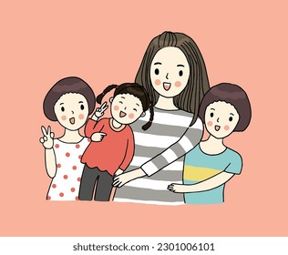 vector illustration of a happy family, mother and daughter, cartoon hand drawn style
