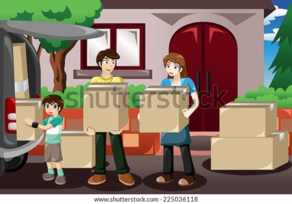 A vector illustration of happy family moving\
house and taking boxes into a\
car