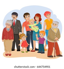 Vector illustration of a happy family of nine people - great-grandfather, great-grandmother, grandfather, grandmother, dad, mom, daughter, son and baby - posing together