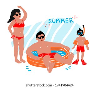 Vector illustration of a happy family on vacation. Dad jumped into the pool. Mother in glasses and a swimsuit is standing. The son in a swimming mask and mask is ready to swim in the pool.