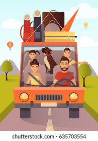 Vector illustration of happy family with pet traveling by car. Summer vacations, summer holiday concept design element in flat style.