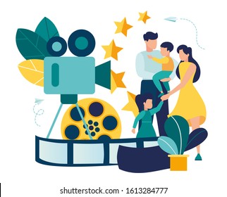 vector illustration of a happy family, family photo shoot and video, mother father daughter son holding hands and hugging, complete prosperous family