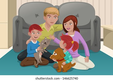 A vector illustration of happy family playing together with their pets