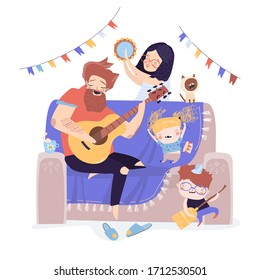 Vector illustration of happy family playing music together