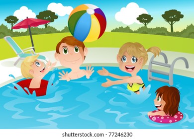 A vector illustration of a happy family playing in swimming pool