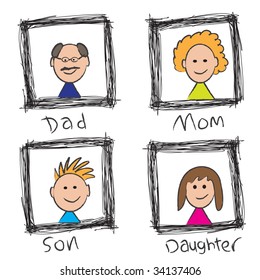 Vector - Illustration of a happy family portrait sketch with mom, dad, son, daughter