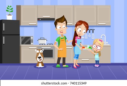 Vector illustration of happy family preparing together. Mother, father, daughter and dog in the kitchen. Family lifestyle concept. Flat style