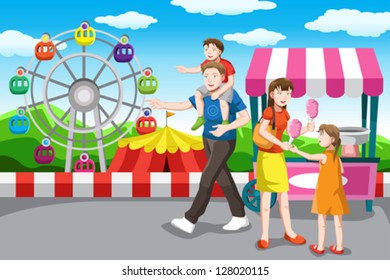 A vector illustration of a happy family recreation in the amusement park