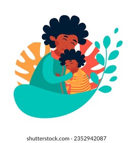 Vector Illustration of happy family. Relatives hug concept with flowers and leaves decorations on a white background.