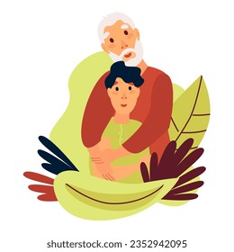 Vector Illustration of happy family. Relatives hug concept with flowers and leaves decorations on a white background.