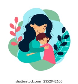 Vector Illustration of happy family. Relatives hug concept with flowers and leaves decorations on a white background.