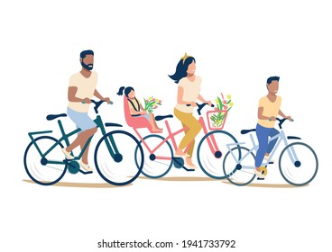 Vector illustration of a happy family riding bicycles on a white background. Mom, dad and children have a happy and fun holiday together. Family day.
