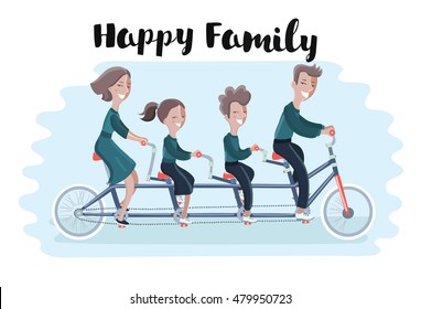Vector illustration of happy family riding a tandem bicycle. Vector illustration. Son and daughter. mother and father.