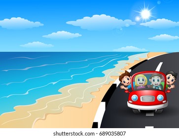 Vector illustration of Happy family riding a car in the seaside road