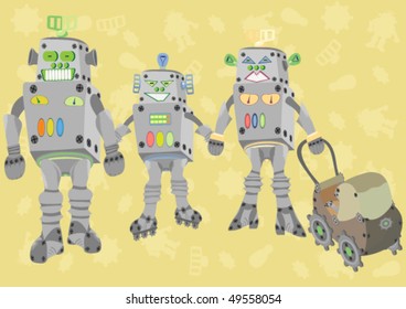  Vector illustration of happy family of robots on walk.
