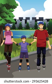 A vector illustration of happy family rollerblading in a park together
