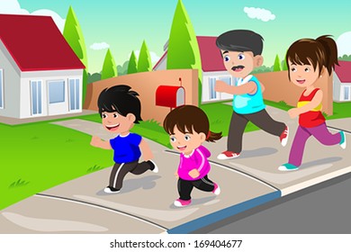 A vector illustration of happy family running outdoor in a suburban neighborhood
