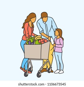 Vector illustration happy family shopping with child and shopping cart buying food at grocery storeor supermarket. Vector set in a flat style.Cartoon characters