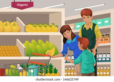 A vector illustration of a happy family shopping fruits in a supermarket