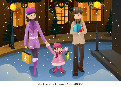 A vector illustration of happy family shopping for Christmas together during the winter season