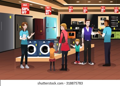 A vector illustration of happy family shopping for appliances in the store