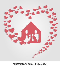 Vector illustration happy family silhouettes consisting of flying hearts