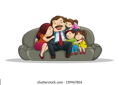 vector illustration of happy family sitting in couch