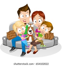 Vector illustration of happy family sitting on the couch with their dog. Isolated on white background