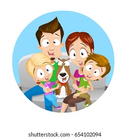 Vector Illustration Of Happy Family Sitting On The Couch With Their Dog. Isolated In The Blue Circle Background