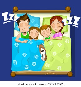 Vector illustration of happy family sleeping together in one bed at home. Vector illustration in flat style