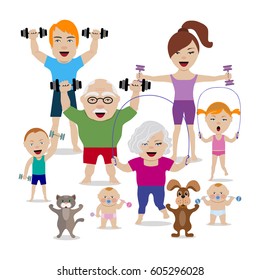 Vector illustration of happy family in sport.