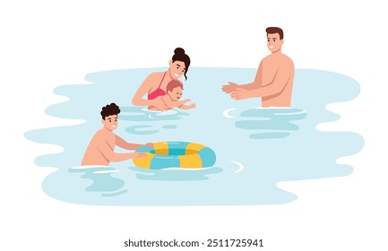  Ilustración vectorial de una familia feliz nadando en el mar. Escena de dibujos animados de marido y mujer sonrientes con el bebé y el hijo con el círculo inflable que flota en el agua aislado en el fondo blanco. Vacaciones.