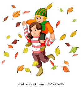 vector illustration of Happy family together on autumn playing with leaves