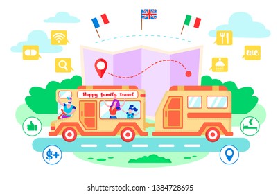 Vector Illustration Happy Family Travel Cartoon. Happy Parents with Children go on Family Van Motorhome. Advertising Poster for Rental Vehicles for Comfortable Trip with Children in Europe.